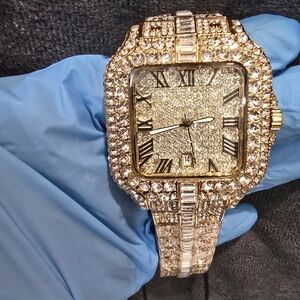Iced Out" Gold-Tone Hip Hop Watch (43 mm) with Roman Numerals & Baguette CZ